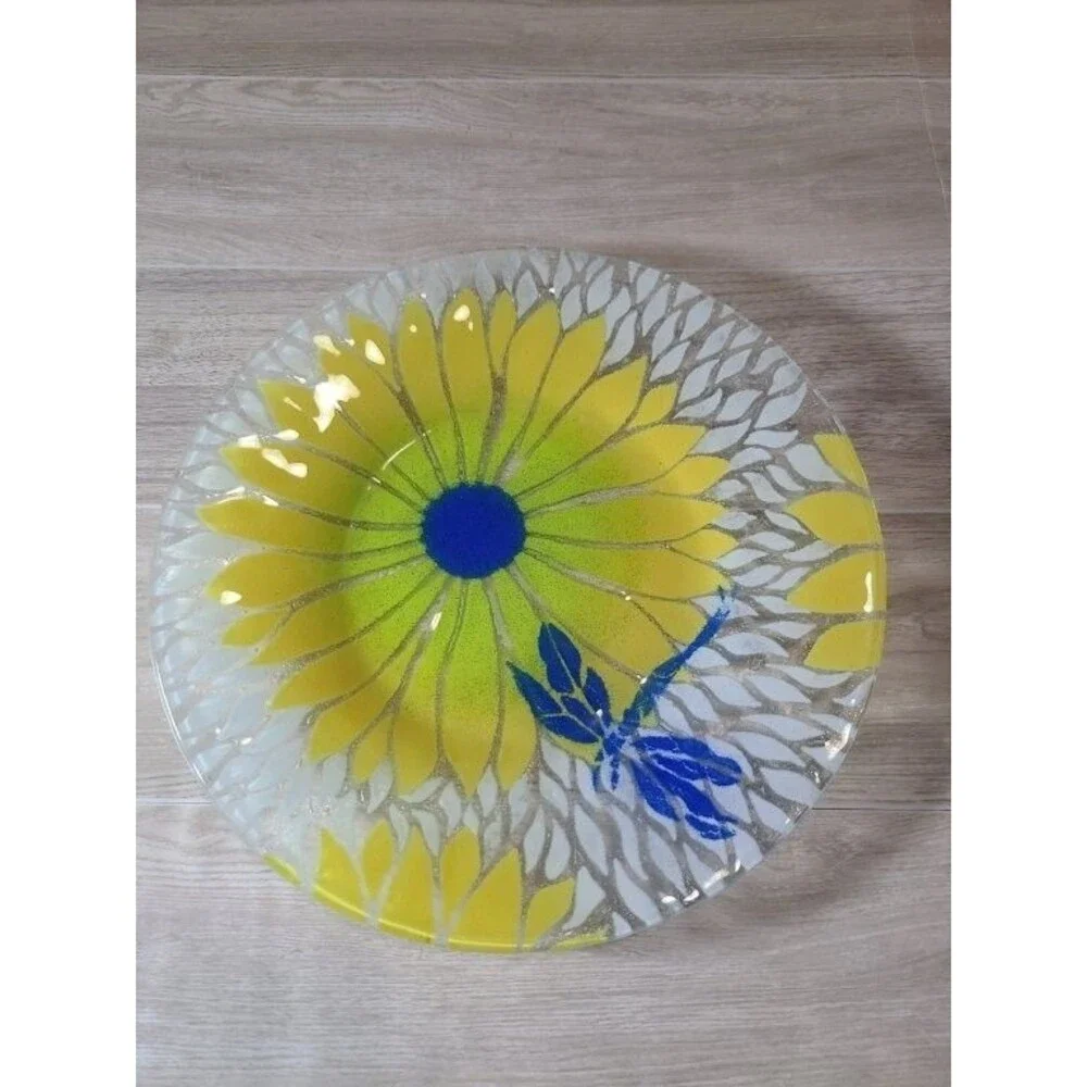 Hand Painted Glass Plate Yellow Flower Dragonfly Stained Glass Style Signed 8.5